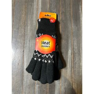 Heat Holders Womens Thermal Gloves Black Nordic Snowflake Fair Isle Knit M/L NEW